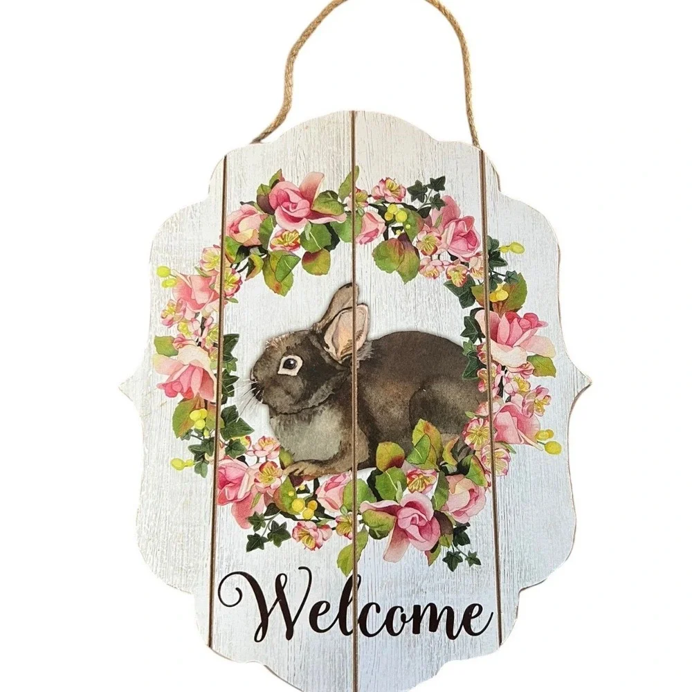 Spring Bunny Welcome Door Hanger Floral Wreath Rustic Easter Wall Decor